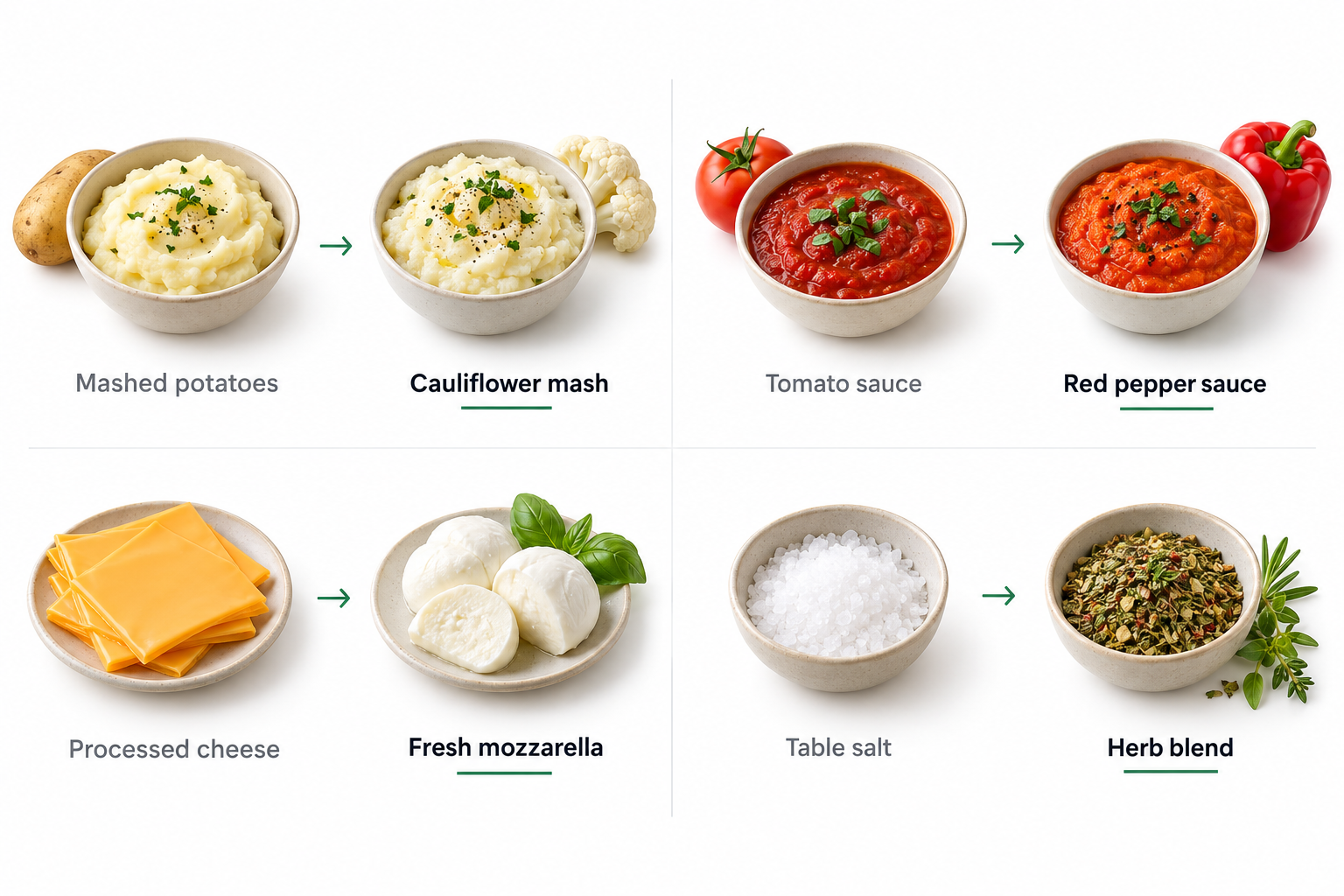 Ingredient swaps: mashed potatoes to cauliflower mash, tomato sauce to red pepper sauce, processed cheese to fresh mozzarella, table salt to herb blend