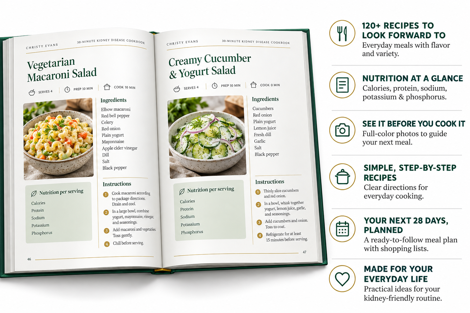 Inside the cookbook: recipes with nutrition facts, full-color photos, step-by-step instructions and a 28-day meal plan